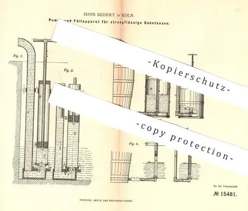 original Patent - Hans Reisert , Köln , 1881 , Pumpe und Füllapparat | Pumpen , Fettpumpe , Öl | Ventil !!