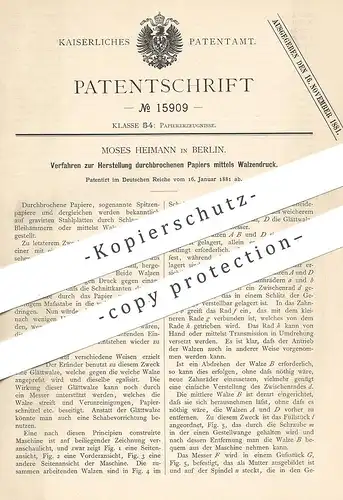 original Patent - Moses Heimann , Berlin , 1881 , durchbrochenes Papier durch Walzendruck | Papierfabrik | Druck , Walze