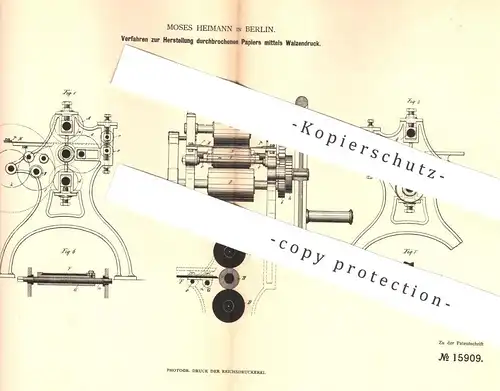 original Patent - Moses Heimann , Berlin , 1881 , durchbrochenes Papier durch Walzendruck | Papierfabrik | Druck , Walze