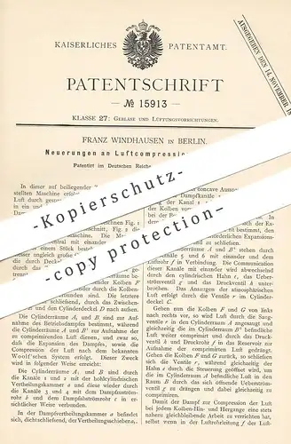 original Patent - Franz Windhausen , Berlin , 1881 , Luftkompressionsmaschine | Luft - Kompression | Lüftung , Gebläse