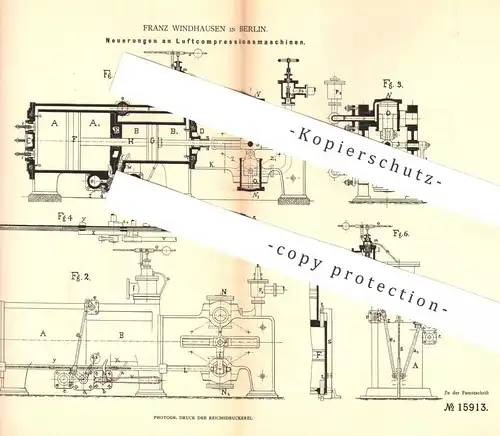 original Patent - Franz Windhausen , Berlin , 1881 , Luftkompressionsmaschine | Luft - Kompression | Lüftung , Gebläse
