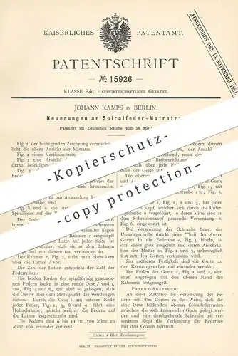 original Patent - Johann Kamps , Berlin , 1881 , Spiralfeder - Matratze | Bett , Möbel , Matratzen , Lattenrost !!