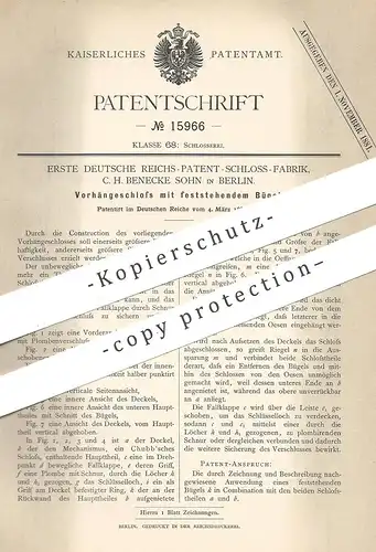 original Patent - Erste Deutsche Reichs- Patent Schloss Fabrik , C. H. Benecke Sohn , Berlin , Vorhängeschloss | Schloss