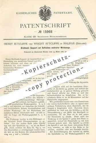 original Patent - Henry und Wright Sutcliffe , Halifax England  1881 , Drehbank - Support für mehrere Werkzeuge | Metall