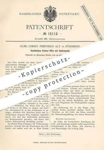 original Patent - Albr. Christ. Friedrich Alt , Nürnberg , 1880 , Ventilations - Fächer - Ofen mit Isoliermittel | Öfen