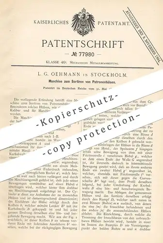original Patent -  L. G. Oehmann , Stockholm , Schweden , 1894 , Sortieren von Patronenhülsen | Patrone | Waffe , Gewehr