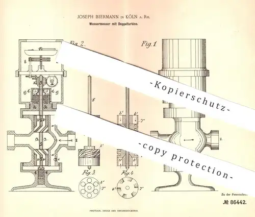 original Patent - Joseph Biermann , Köln / Rhein , 1894 , Wassermesser mit Doppelturbine | Wasser | Turbine , Rotation