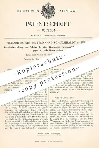original Patent - Richard Bombe , Ferdinand Schuchhardt , Berlin , 1893 , Schalter für Bogenlampe | Lampe , Widerstand