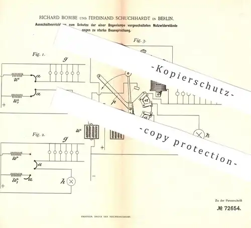 original Patent - Richard Bombe , Ferdinand Schuchhardt , Berlin , 1893 , Schalter für Bogenlampe | Lampe , Widerstand
