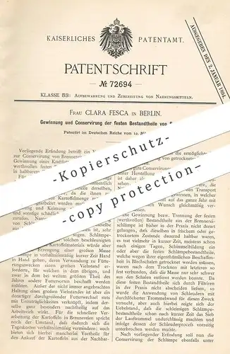 original Patent - Clara Fesca , Berlin , 1893 , Gewinnung und Konservierung von Schlämpe | Kartoffel - Brennerei !!!