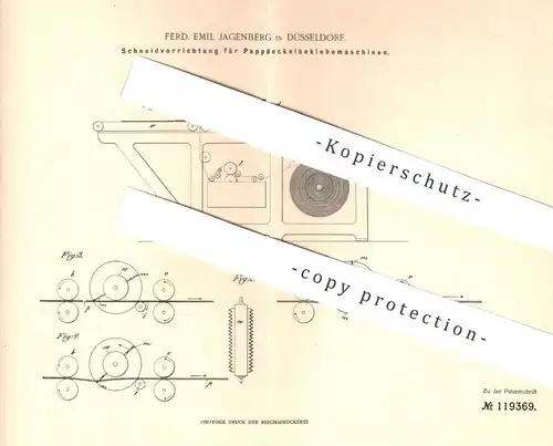 original Patent - Ferd. Emil Jagenberg , Düsseldorf  1900 , Pappdeckelbeklebemaschine | Pappe - Deckel | Papier - Kleber