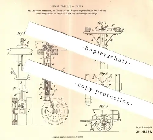 original Patent - Henri Edeline , Paris , Frankreich 1903 , Stütze für zweirädrige Fahrzeuge | Karre , Hänger , Stützrad