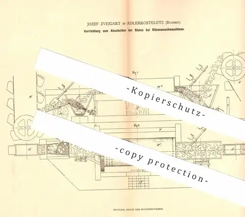 original Patent - Josef Zveigart , Adlerkosteletz / Böhmen , 1880 , Abscheiden der Steine bei Rüben - Waschmaschine !!