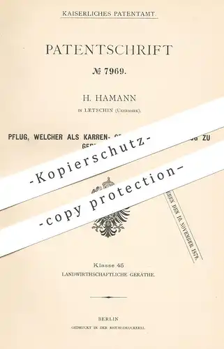 original Patent - H. Hamann , Letschin / Uckermark , 1879 , Pflug | Karrenpflug , Schwingpflug | Pflügen , Pflüge !!!