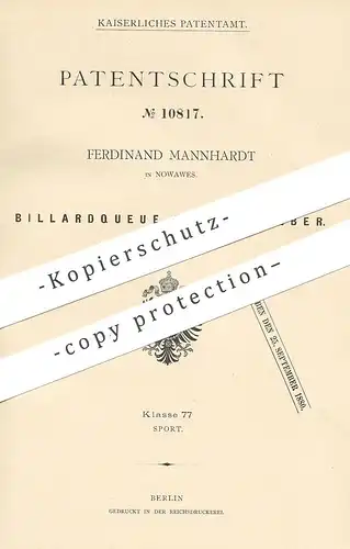 original Patent - Ferdinand Mannhardt , Nowawes , 1879 , Billardqueue aus Neusilber | Billard - Queue | Silber , Pool !!