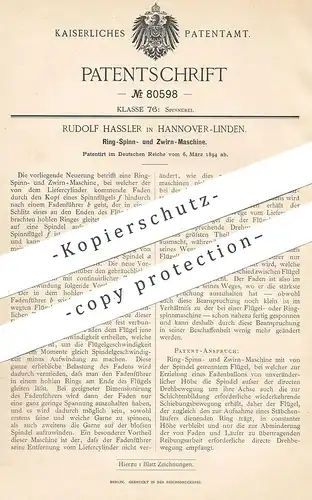original Patent - Rudolf Hassler , Hannover / Linden , 1894 , Ring-, Spinn- und Zwirn-Maschine | Spinnmaschine , Spinnen