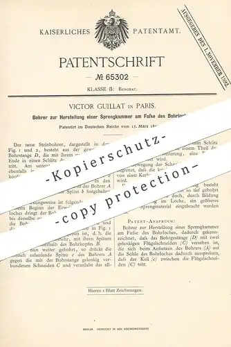 original Patent - Victor Guillat , Paris Frankreich 1892 , Steinbohrer | Bohrer | Gestein , Bohren , Bergbau , Bergwerk
