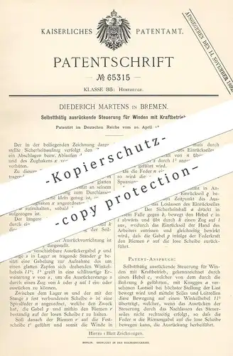 original Patent - Diederich Martens , Bremen , 1892 , Steuerung für Winden mit Kraftbetrieb | Winde , Seilzug , Aufzug !