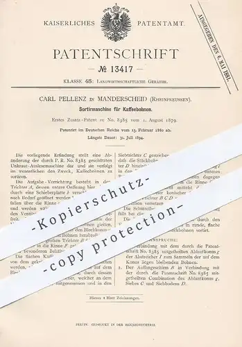original Patent - Carl Pellenz , Manderscheid , Rheinpreussen , 1880 , Sortiermaschine für Kaffeebohnen | Kaffee !!