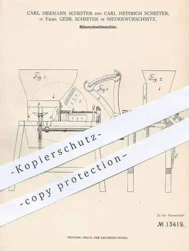 original Patent - Carl Hermann & Carl Heinrich Scheiter , Niederwürschnitz , Chemnitz / Erzgeb. ,  Rübenschneidmaschine