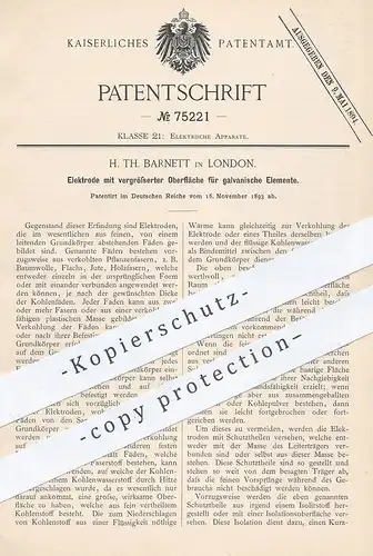 original Patent - H. Th. Barnett , London , 1893 , Elektrode für galvanische Elemente | Strom , Elektriker , Baumwolle