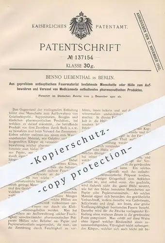 original Patent - Benno Liebenthal , Berlin 1901 , Tasche aus antiseptischen Fasern f. Medikamente , Medizin | Apotheker