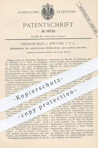 original Patent - Theodore Mace , New York , USA 1886 , Glühlampe für elektrische Lampe | Strom , Elektriker , Glühlicht
