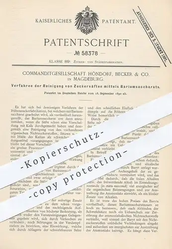 original Patent - KG Höndorf , Becker & Co. , Magdeburg 1890 , Reinigung von Zuckersaft mittels Bariumsaccharat | Zucker