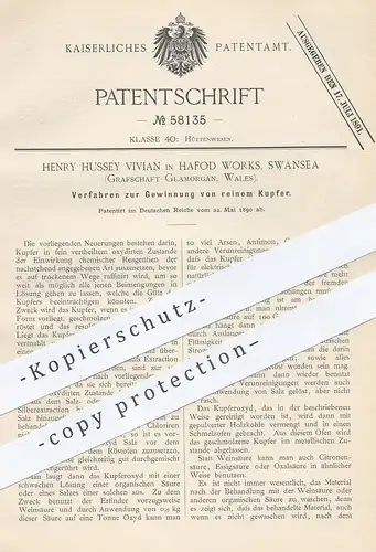 original Patent - Henry Hussey Vivian , Hafod Works , Swansea ,Glamorgan , Wales , 1890 , Kupfer - Gewinnung | Chemie