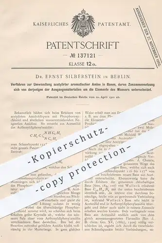 original Patent - Dr. Ernst Silberstein , Berlin , 1901 , Umwandlung acetylierter aromatischer Amine in Basen | Chemie