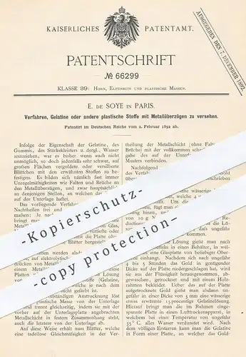 original Patent - E. de Soye , Paris  Frankreich , 1892 , Metallüberzug für Gelatine , plastische Stoffe | Gold , Silber