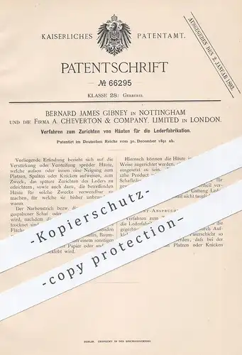 original Patent - Bernhard J. Gibney , Nottingham | A. Cheverton & Comp. London , England , Zurichten von Haut für Leder