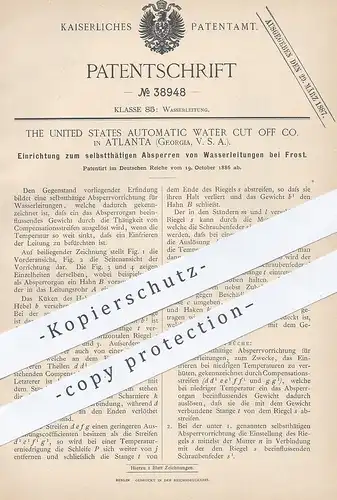 original Patent - The US Automatic Water Cut off Co. , Atlanta , Georgia , USA , Absperren von Wasserleitungen bei Frost