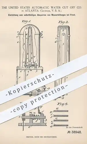 original Patent - The US Automatic Water Cut off Co. , Atlanta , Georgia , USA , Absperren von Wasserleitungen bei Frost