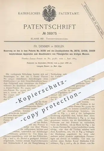 original Patent - Fr. Demmin , Berlin , 1886 , Abschleudern von Flüssigkeiten aus breiigen Massen | Schleuder , Zucker