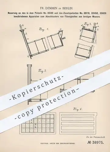 original Patent - Fr. Demmin , Berlin , 1886 , Abschleudern von Flüssigkeiten aus breiigen Massen | Schleuder , Zucker