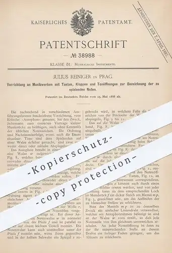 original Patent - Julius Reiniger , Prag , 1886 , Musikwerk mit Tasten , Klappen | Musikinstrument , Noten , Musik !!!