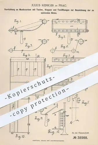 original Patent - Julius Reiniger , Prag , 1886 , Musikwerk mit Tasten , Klappen | Musikinstrument , Noten , Musik !!!