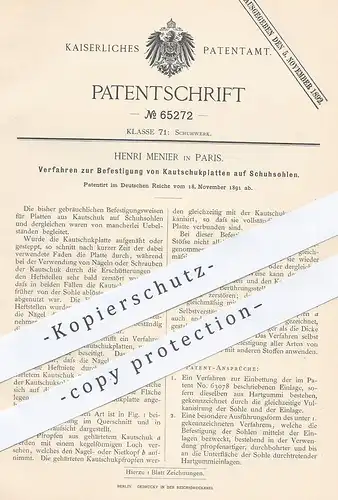 original Patent - Henri Menier , Paris , Frankreich  1891 , Befestigung von Kautschuk auf Schuhsohle | Schuhe , Schuster