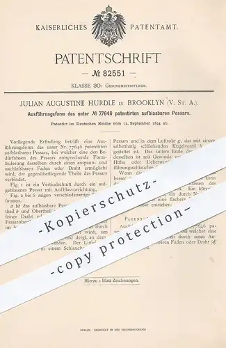 original Patent - Julian Augustine Hurdle , Brooklyn , USA , 1894 , aufblasbarer Pessar | Arzt , Gebärmutter , Medizin