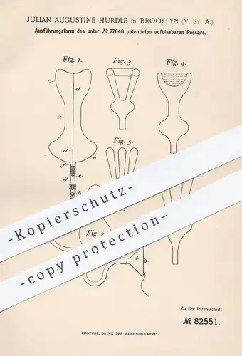 original Patent - Julian Augustine Hurdle , Brooklyn , USA , 1894 , aufblasbarer Pessar | Arzt , Gebärmutter , Medizin