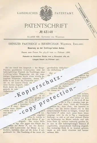 original Patent - Ebenezer Partridge , Birmingham , Warwick England 1887 , Collinge'schen Achse | Collinge | Wagenachse