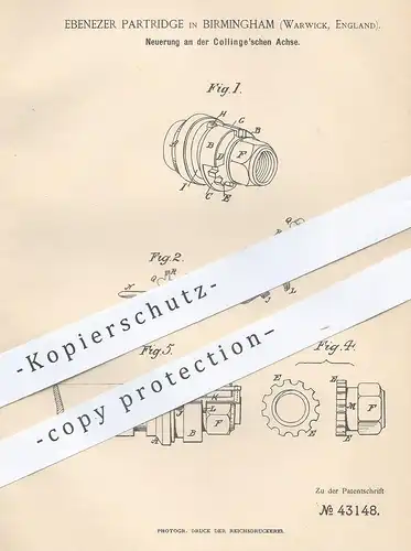 original Patent - Ebenezer Partridge , Birmingham , Warwick England 1887 , Collinge'schen Achse | Collinge | Wagenachse