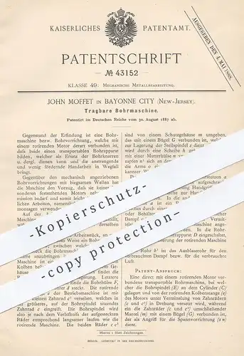 original Patent - John Moffet , Bayonne City , New Jersey , 1887 , Tragbare Bohrmaschine | Bohren , Bohrer , Metall !!!
