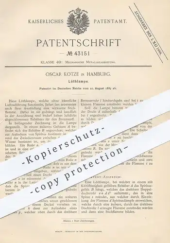 original Patent - Oscar Kotze , Hamburg , 1887 , Lötlampe | Löten , Lötkolben | Metall , Spiritus , Brenner !!