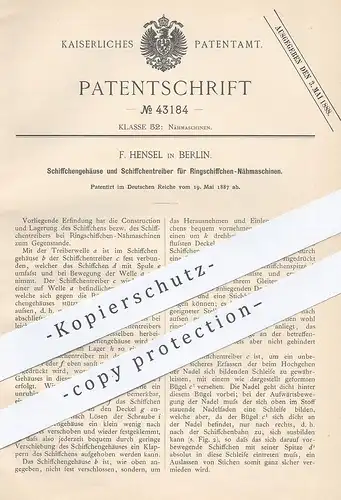 original Patent - F. Hensel , Berlin , 1887 , Gehäuse u. Treiber für Ringschiffchen - Nähmaschine | Schneider , Nähen !!