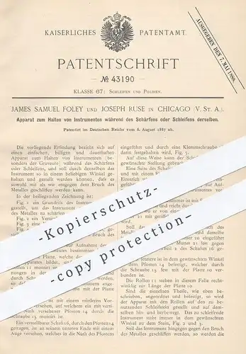 original Patent - James Samuel Foley , Joseph Ruse , Chicago USA , 1887 , Halterung beim Schleifen , Gravieren | Graveur