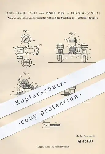 original Patent - James Samuel Foley , Joseph Ruse , Chicago USA , 1887 , Halterung beim Schleifen , Gravieren | Graveur