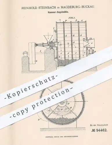 original Patent - Reinhold Steinbach , Magdeburg / Buckau , 1896 , Kammer - Kugelmühle | Mühle , Mühlen , Müllerei !!