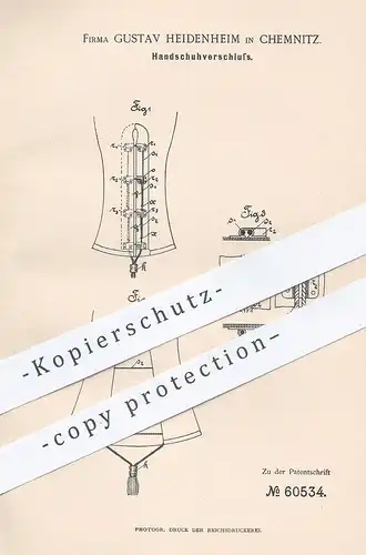 original Patent - Gustav Heidenheim , Chemnitz , 1891 , Handschuhverschluss | Handschuhe , Bekleidung , Schneider !!!